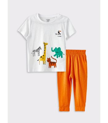 Crew Neck Short Sleeve Printed Cotton Baby Boy T-Shirt and Trousers 2-Piece Set