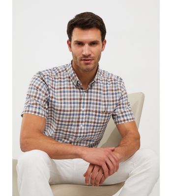 Regular Fit Short Sleeve Plaid Poplin Men's Shirt