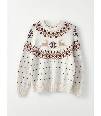 Crew Neck New Year Themed Long Sleeve Women's Tricot Sweater