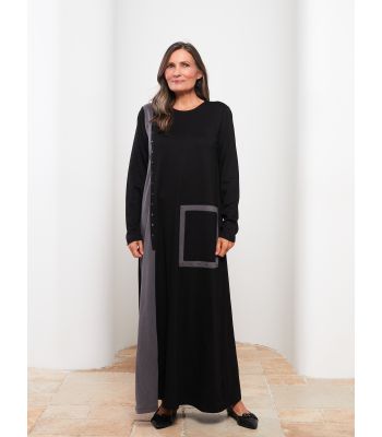 Crew Neck Long Sleeve A-Cut Women's Dress with Color Block