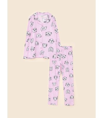 Shirt Neck Printed Long Sleeve Organic Cotton Girl Pajama Set