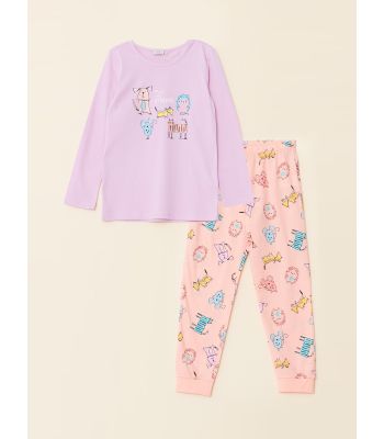 Crew Neck Printed Long Sleeve Organic Cotton Girl Pajama Set