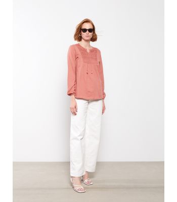 Lapel Collar Embroidered Long Sleeve Cotton Women's T-Shirt