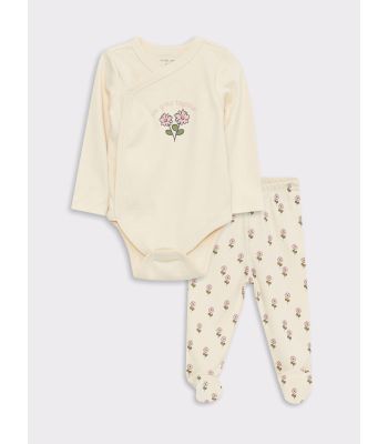 Crew Neck Long Sleeve Printed Baby Girl Body with Snap Crotch and Trousers 2-Pack Set