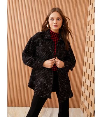 Buttoned Patterned Long Sleeve Tweed Women's Shirt Jacket