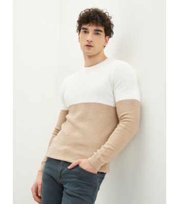 Crew Neck Long Sleeve Men's Tricot Sweater with Color Block