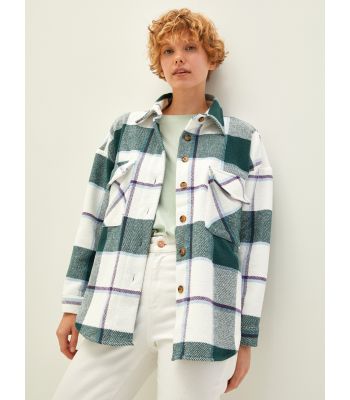 Front Button Closure Plaid Long Sleeve Gabardine Fabric Women's Lumberjack Shirt Jacket