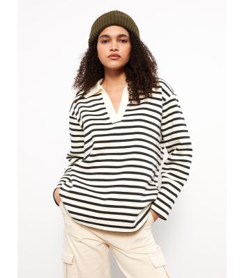 Polo Neck Striped Long Sleeve Women's Sweatshirt