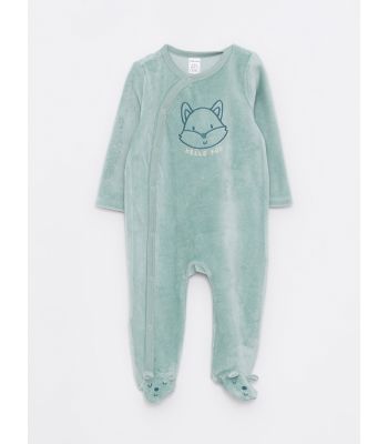 Crew Neck Long Sleeve Embroidery Detailed Baby Boy Velvet Jumpsuit