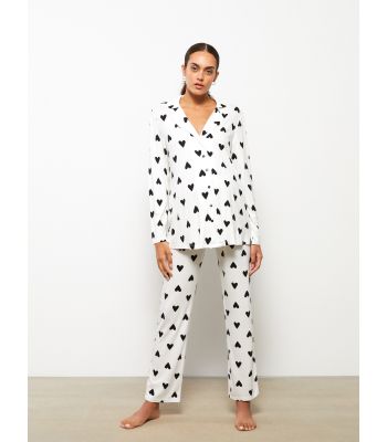 Shirt Neck Patterned Long Sleeve Maternity Pajama Set