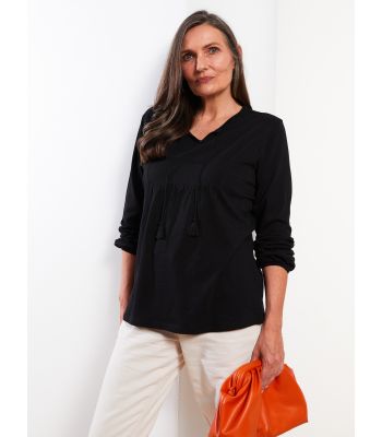 Tie Collar Straight Long Sleeve Cotton Women's Blouse