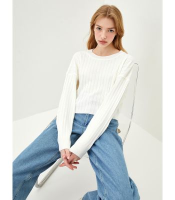 Crew Neck Striped Long Sleeve Women's Tricot Sweater
