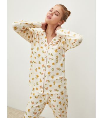 Shirt Collar Floral Long Sleeve Cotton Women's Pajamas Set