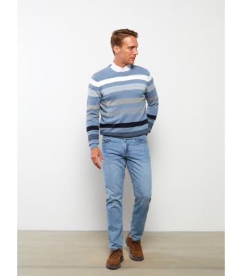 Crew Neck Long Sleeve Striped Men's Tricot Sweater