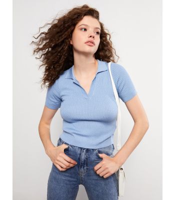 Polo Neck Regular Short Sleeve Women's Tricot Sweater