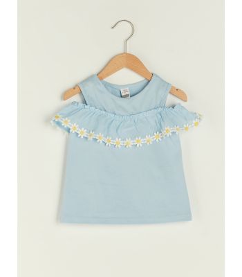 Crew Neck Ruffle Detailed Cotton Baby Girl T-Shirt