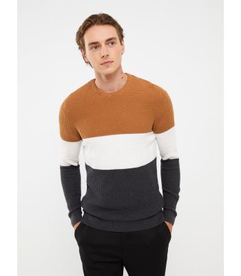 Crew Neck Long Sleeve Men's Tricot Sweater with Color Block