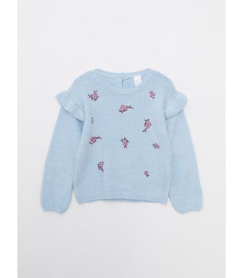 Crew Neck Long Sleeve Embroidery Detailed Baby Girl Knitwear Sweater