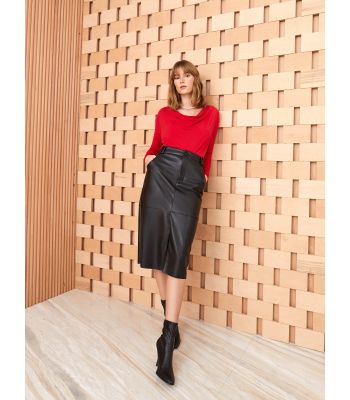 Women's Slim Fit Plain Leather Look Skirt