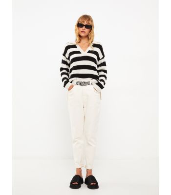 Polo Neck Striped Long Sleeve Women's Tricot Sweater