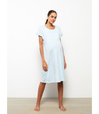 Crew Neck Patterned Short Sleeve Cotton Maternity Nightgown