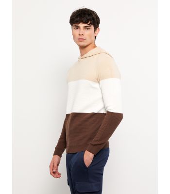 Hooded Long Sleeve Men's Tricot Sweater with Color Block