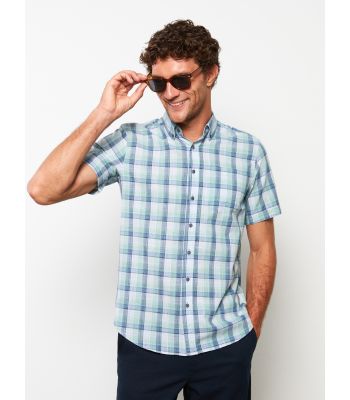 Regular Fit Short Sleeve Plaid Poplin Men's Shirt