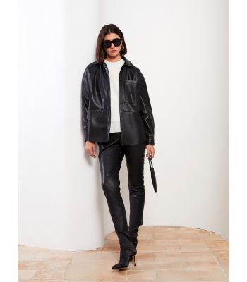 قميص نسائي جلدي باكمام طويلة وقصة مستقيمة