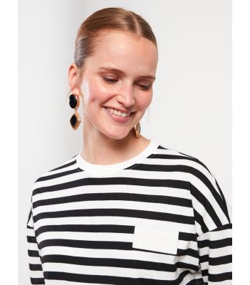 Crew Neck Striped Long Sleeve Cotton Women's Tunic