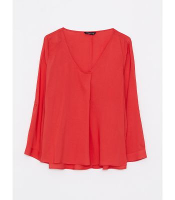 V Neck Straight Long Sleeve Viscose Women's Blouse