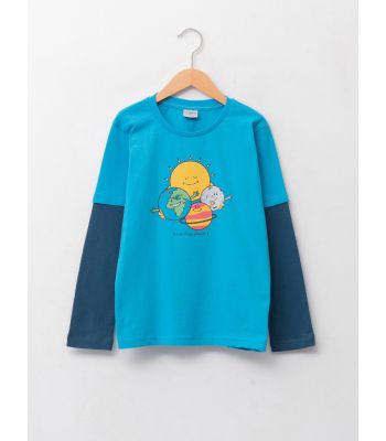 Crew Neck Printed Long Sleeve Cotton Boy T-shirt