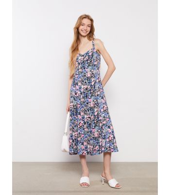 Heart Collar Floral Strap Viscose Women's Dress