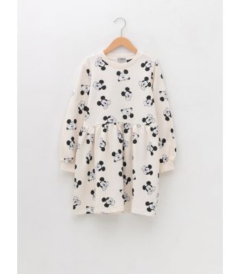 Crew Neck Mickey Mouse Printed Long Sleeve Girl Dress