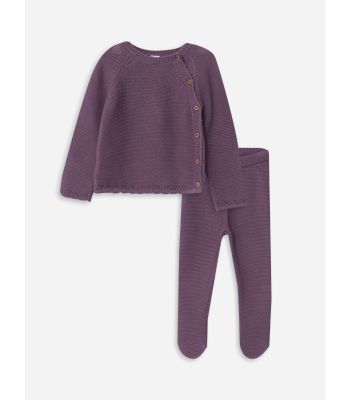 Crew Neck Long Sleeve Self Patterned Baby Girl Tricot Cardigan and Trousers 2-Pack