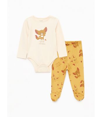 Crew Neck Long Sleeve Printed Baby Boy Body with Snap Crotch and Trousers 2-Pack Set