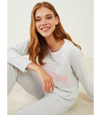 Crew Neck Patterned Long Sleeve Women's Pajama Set