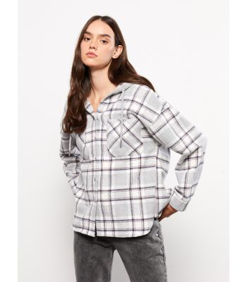 Hooded Plaid Long Sleeve Flannel Oversize Women Lumberjack Shirt Jacket