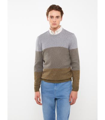 Crew Neck Long Sleeve Men's Tricot Sweater with Color Block