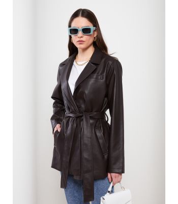 Jacket Collar Straight Long Sleeve Women's Leather Look Coat