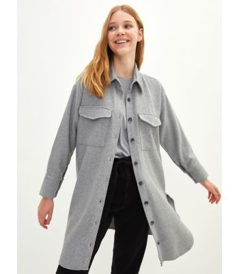 Front Button Closure Plain Long Sleeve Gabardine Fabric Women's Shirt Jacket