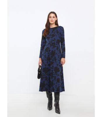 Crew Neck Floral Long Sleeve Crepe Women's Dress
