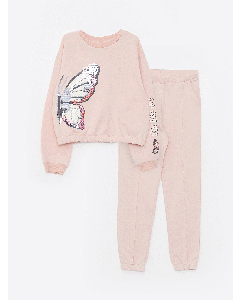 Crew Neck Printed Reversible Sequined Long Sleeve Girl's Sweatshirt and Sweatpants