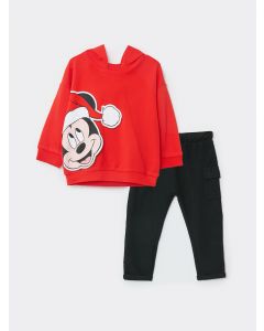 Hooded Long Sleeve Mickey Mouse Printed Baby Boy Sweatshirt and Tracksuit Bottom 2 Pack