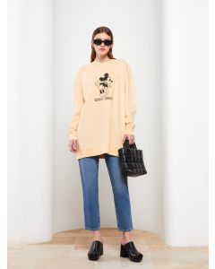 Crew Neck Mickey Mouse Printed Long Sleeve Cotton Tunic for Women