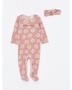 Crew Neck Long Sleeved Minne Mouse Printed Baby Girl Rompers and Hair Band 2 Piece Set