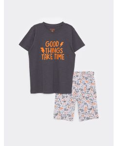 Crew Neck Printed Short Sleeve Boy's Short Pajamas Set