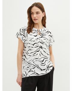 Tie Collar Patterned Short Sleeve Viscose Women's Blouse
