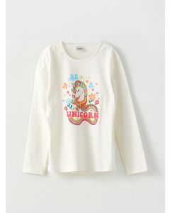 Crew Neck Printed Long Sleeve Cotton Girl T-shirt