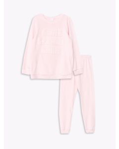 Crew Neck Embossed Letter Pattern Long Sleeve Velvet Girls' Pajamas Set
