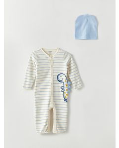 Crew Neck Long Sleeve Striped Baby Boy Rompers and Beanie 2-Piece Set